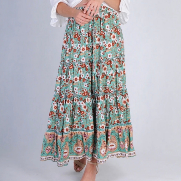 JAR OF HEARTS Boho Lover Aqua Turquoise Floral High Waisted Tiered Maxi Skirt - Picture 10 of 16